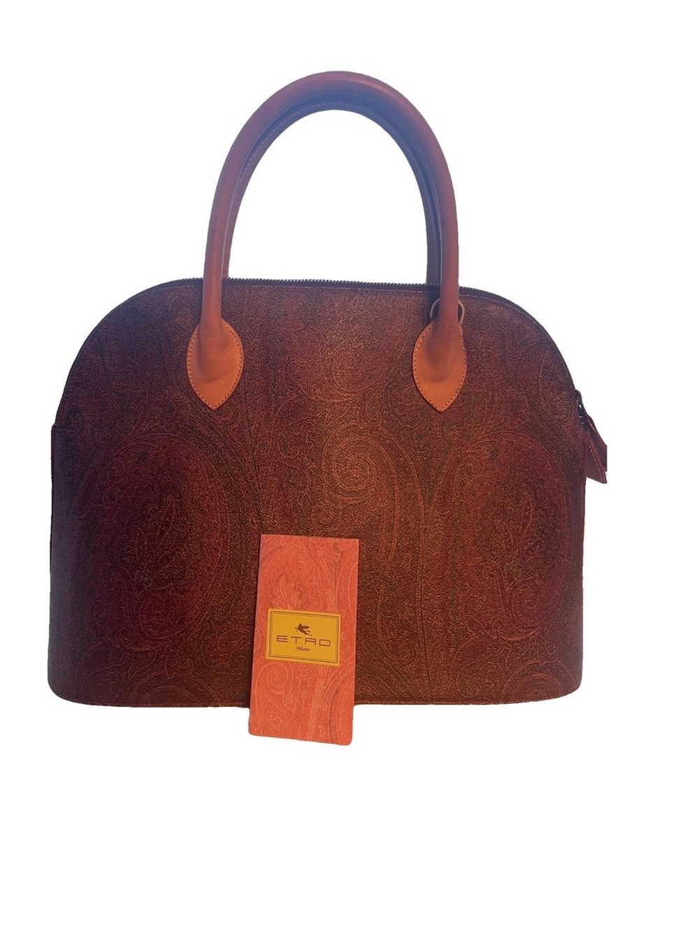 Etro Brown-Red Paisley Dome Satchel with Tan Handles